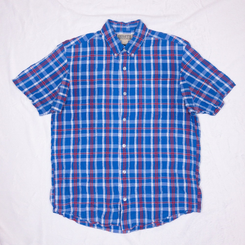 Duluth Trading Ripple Rouser Seersucker Short Sleeve Shirt Mens M Blue Plaid